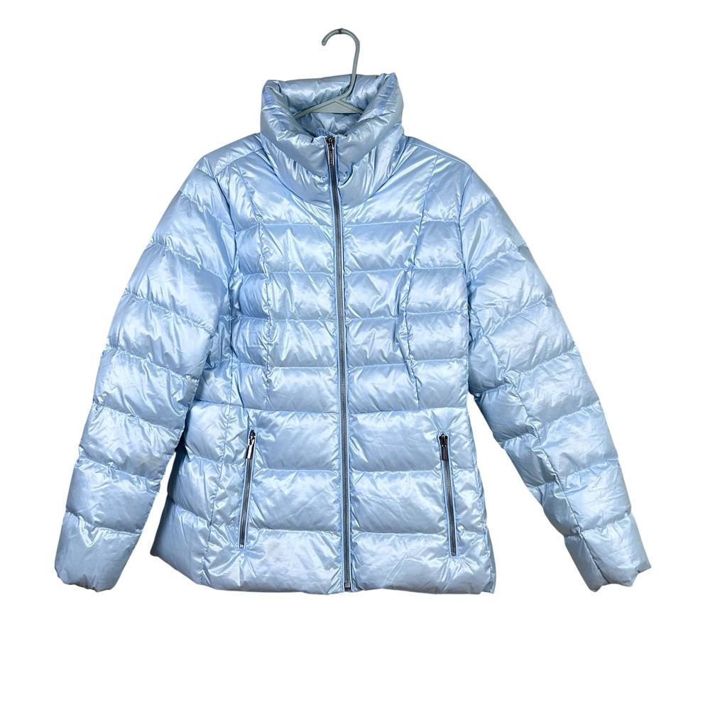 Lands End Puffer Jacket M Womens Metallic Quilted Down Fill Blue Winter Coat